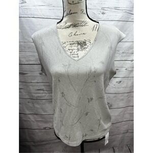 Gray Floral Botanical V-Neck Sleeveless Knit Top Tank Shirt Casual Minimalist